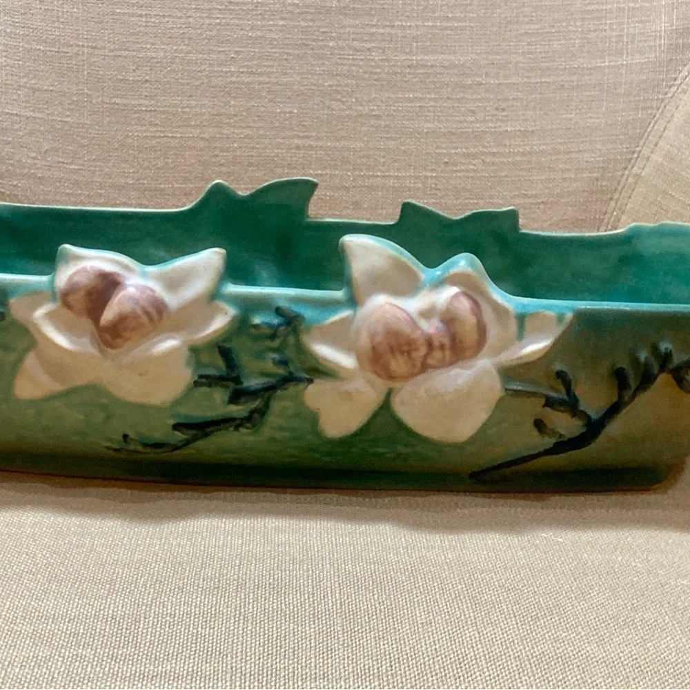 Vintage Art Console Roseville Magnolia Pottery. Handled rectangular Green/Pink. - Picture 11 of 12